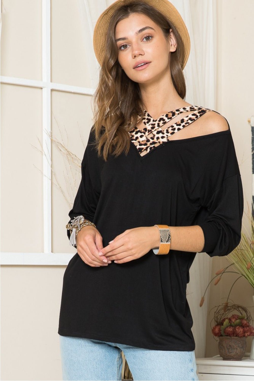 Celeste Full Size Leopard Braided Strap Long Sleeve T-Shirt - Mythical Kitty Boutique