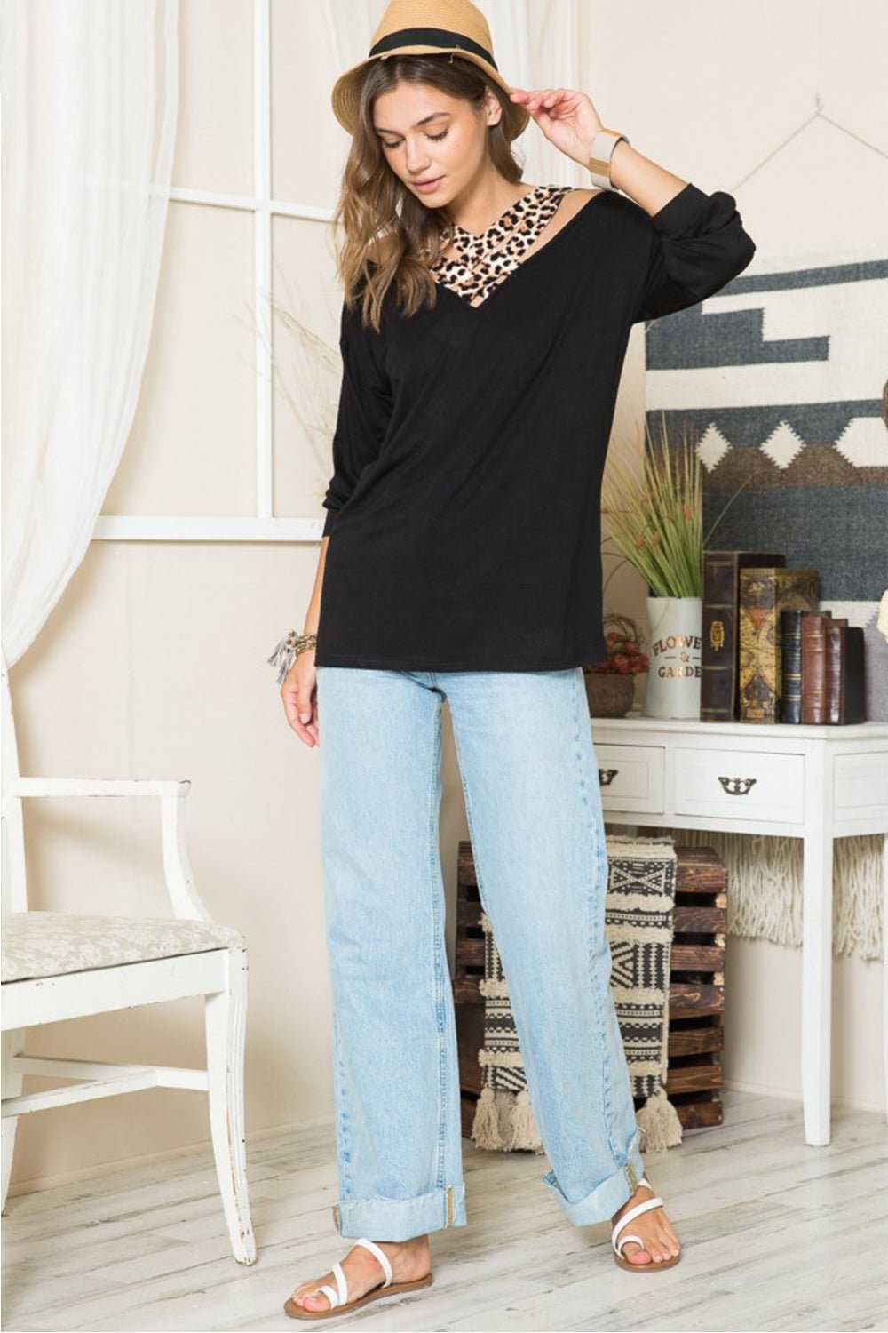 Celeste Full Size Leopard Braided Strap Long Sleeve T-Shirt - Mythical Kitty Boutique