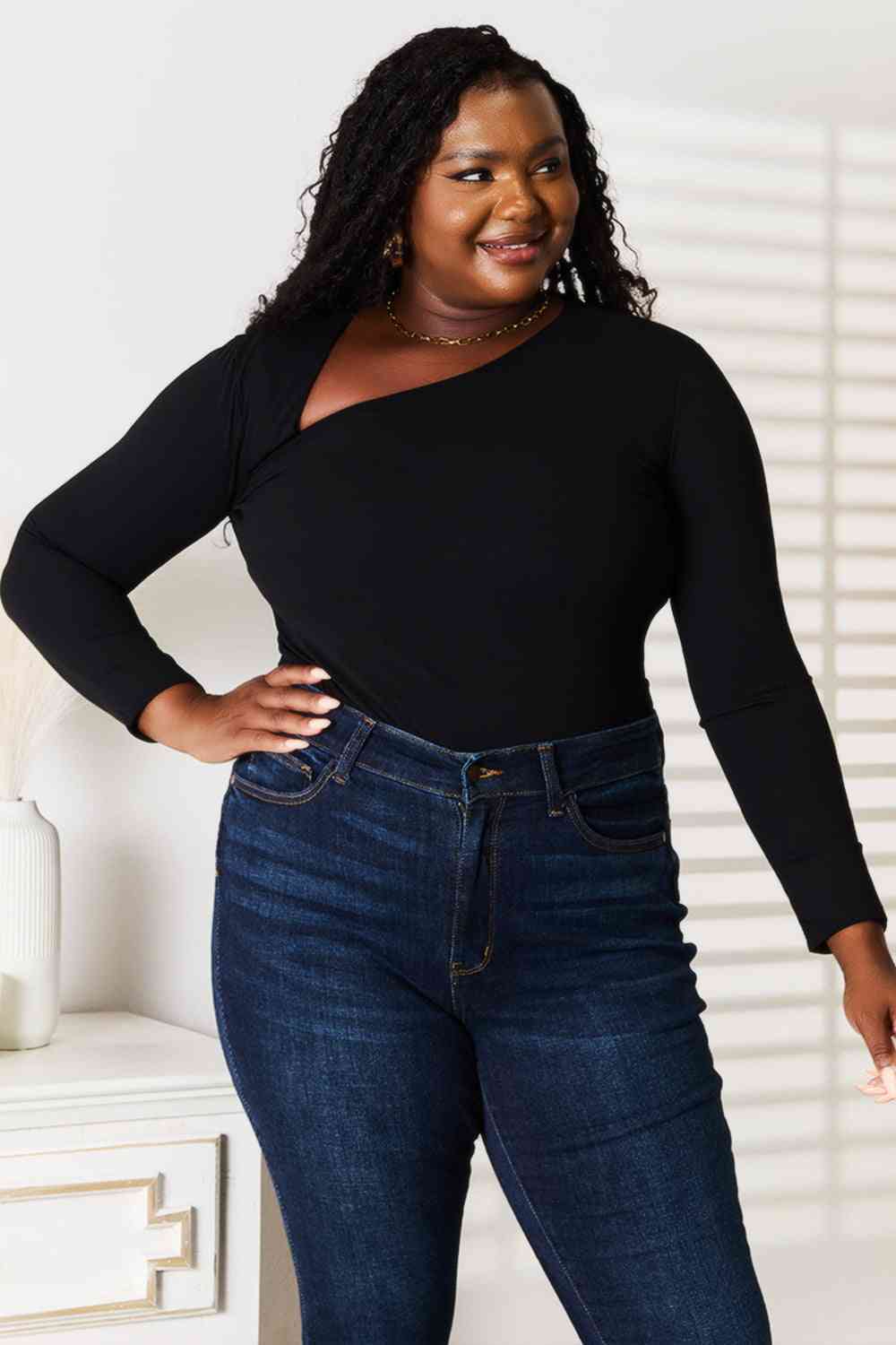 Asymmetrical Neck Long Sleeve Top - Mythical Kitty Boutique