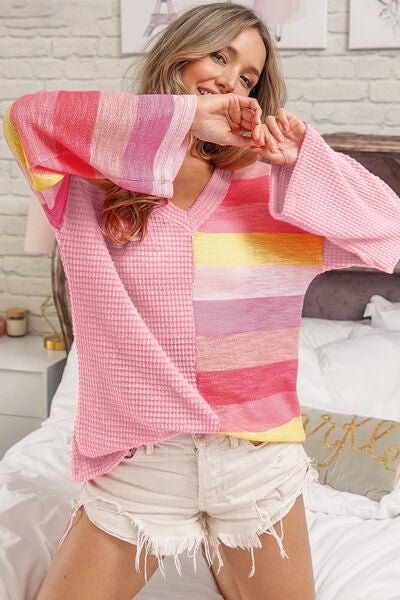 BiBi Striped Contrast Waffle Long Sleeve Top - Mythical Kitty Boutique