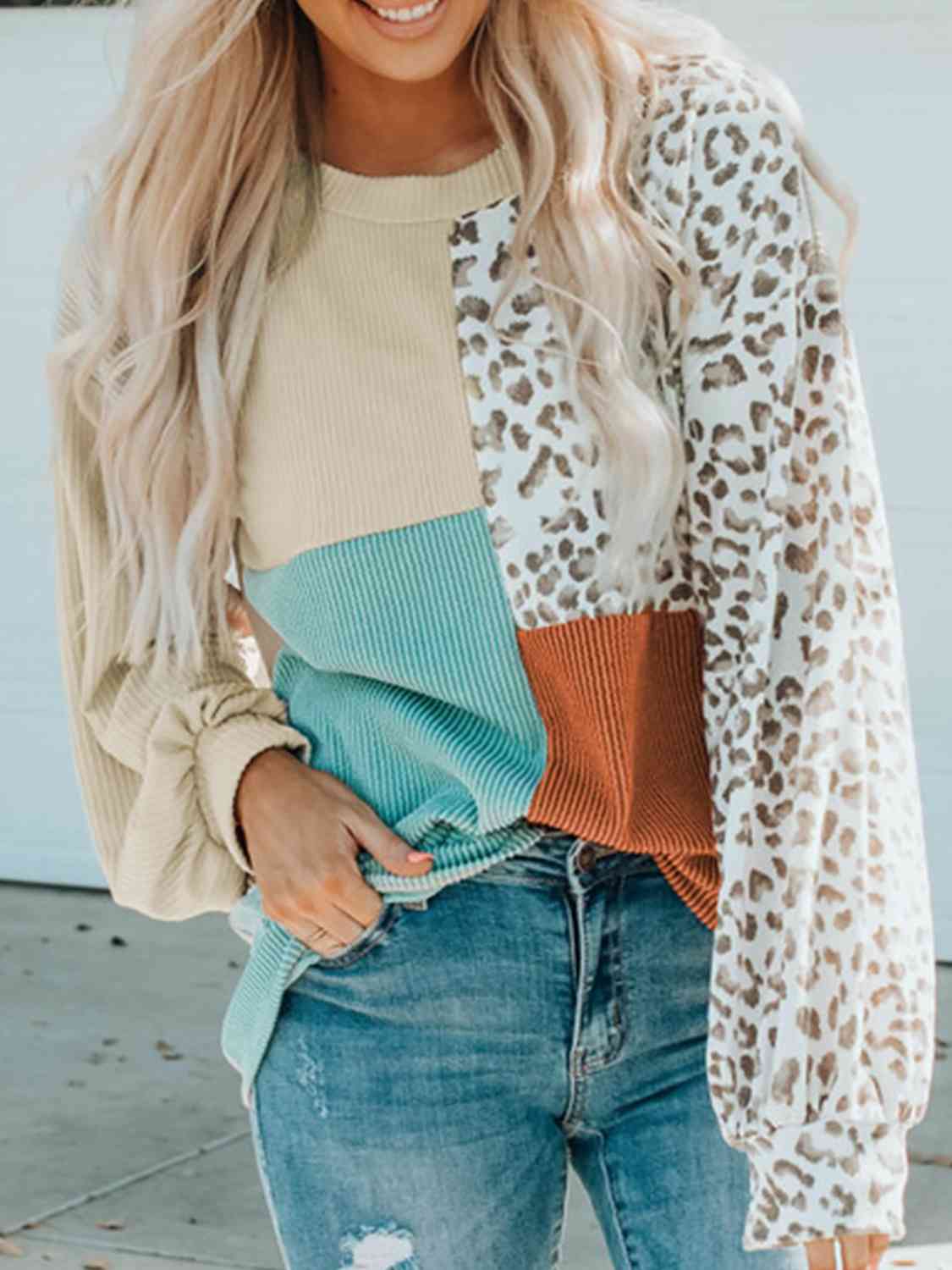 Color Block Leopard Round Neck Sweatshirt - Mythical Kitty Boutique