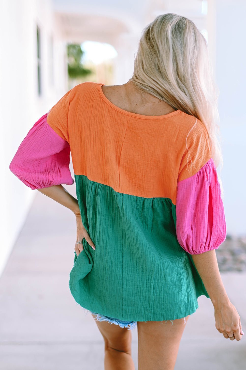 Color Block V-Neck Babydoll Blouse - Mythical Kitty Boutique