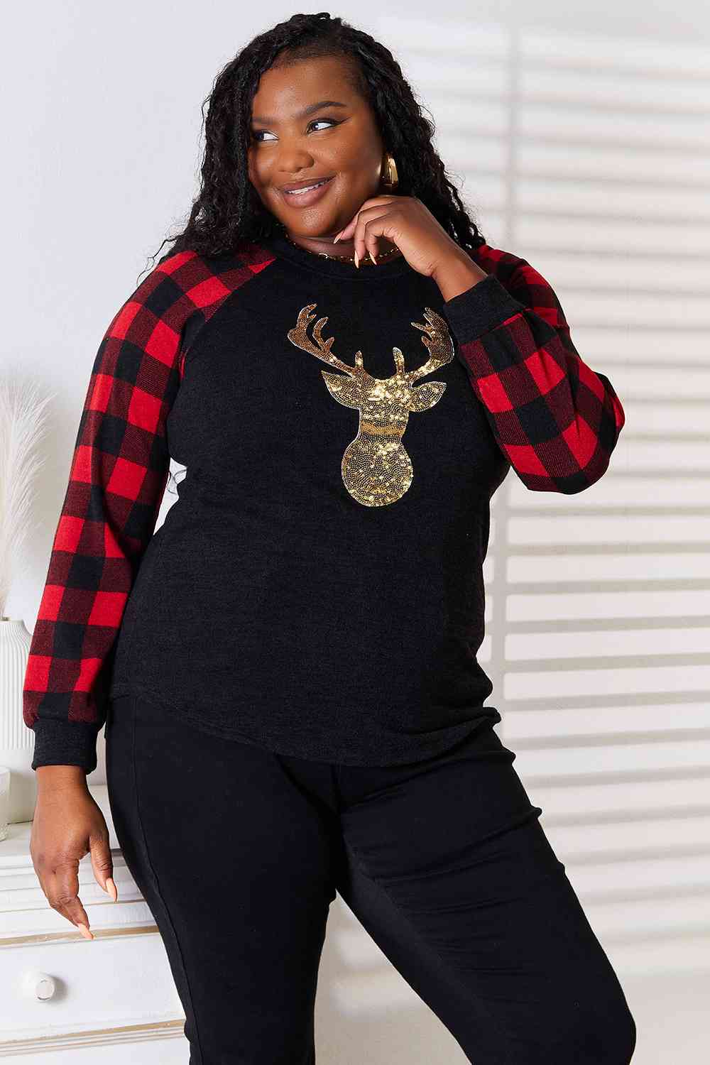 Sequin Reindeer Graphic Plaid Top - Mythical Kitty Boutique