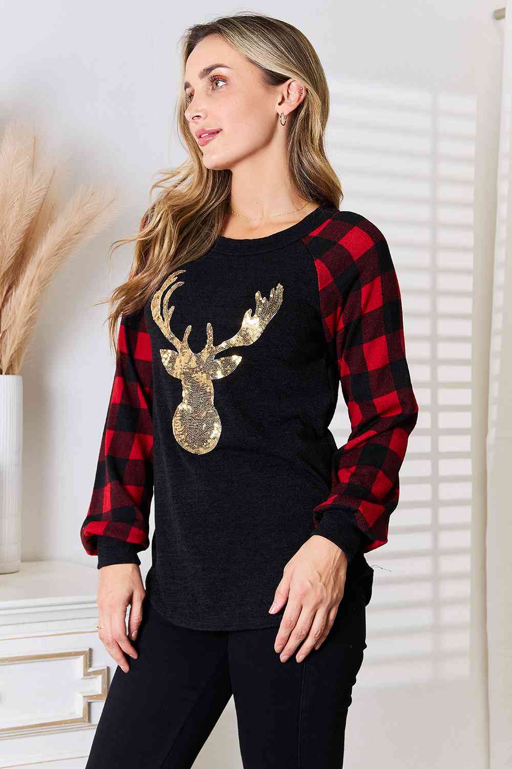 Sequin Reindeer Graphic Plaid Top - Mythical Kitty Boutique