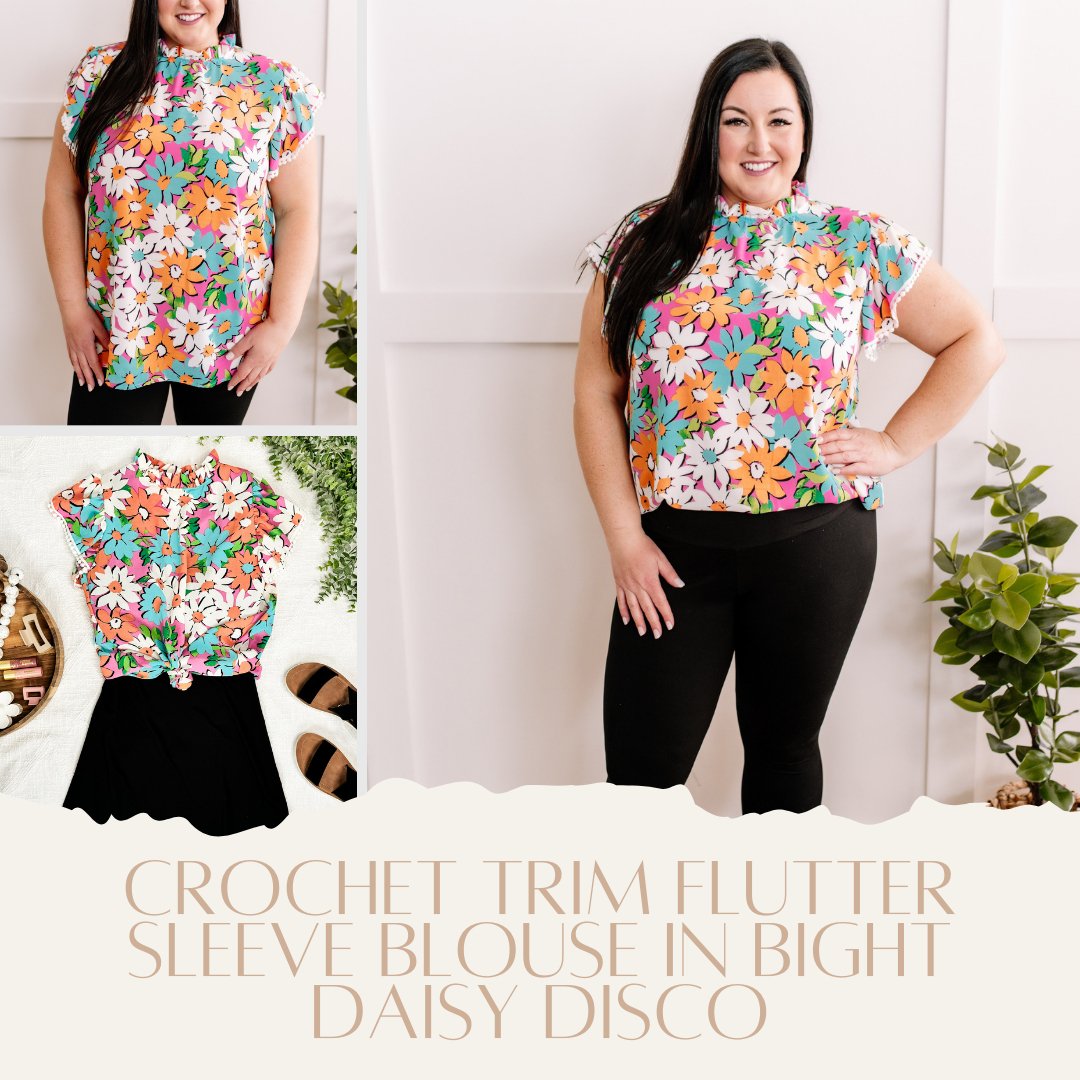 2.9 Crochet Trim Flutter Sleeve Blouse In Bight Daisy Disco - Mythical Kitty Boutique