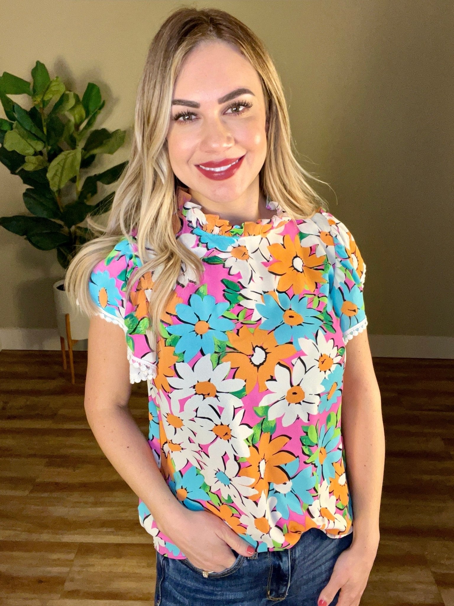 2.9 Crochet Trim Flutter Sleeve Blouse In Bight Daisy Disco - Mythical Kitty Boutique