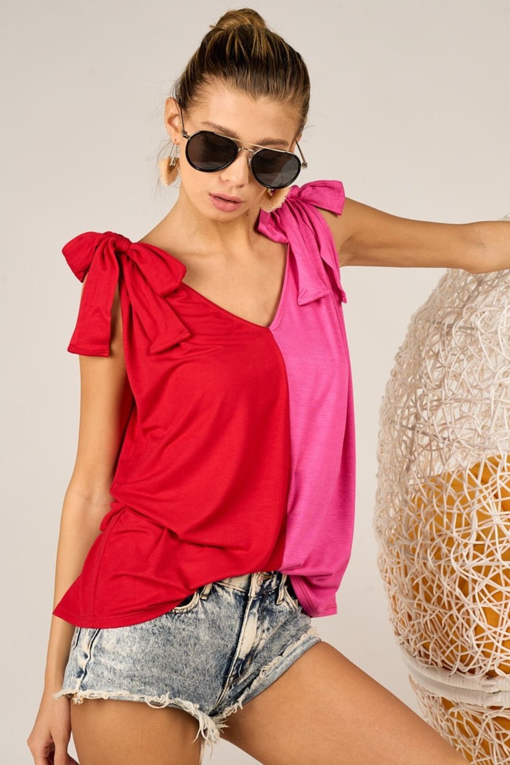 BiBi Shoulder Ribbon Tied Contrast Tank - Mythical Kitty Boutique