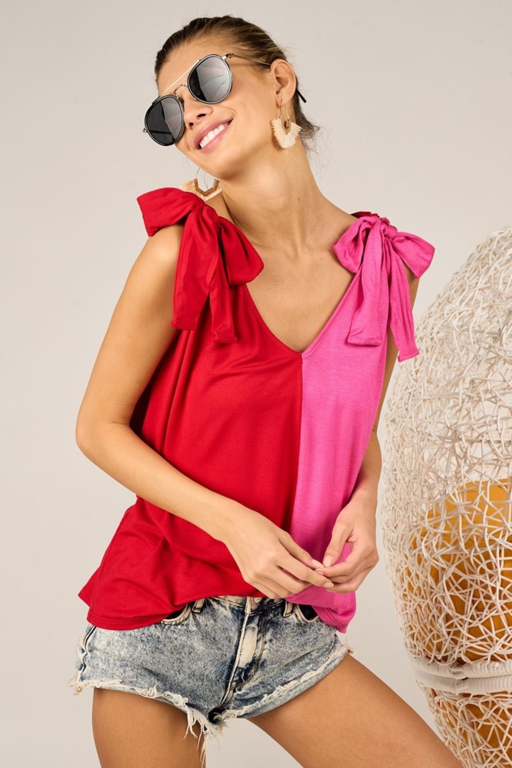 BiBi Shoulder Ribbon Tied Contrast Tank - Mythical Kitty Boutique