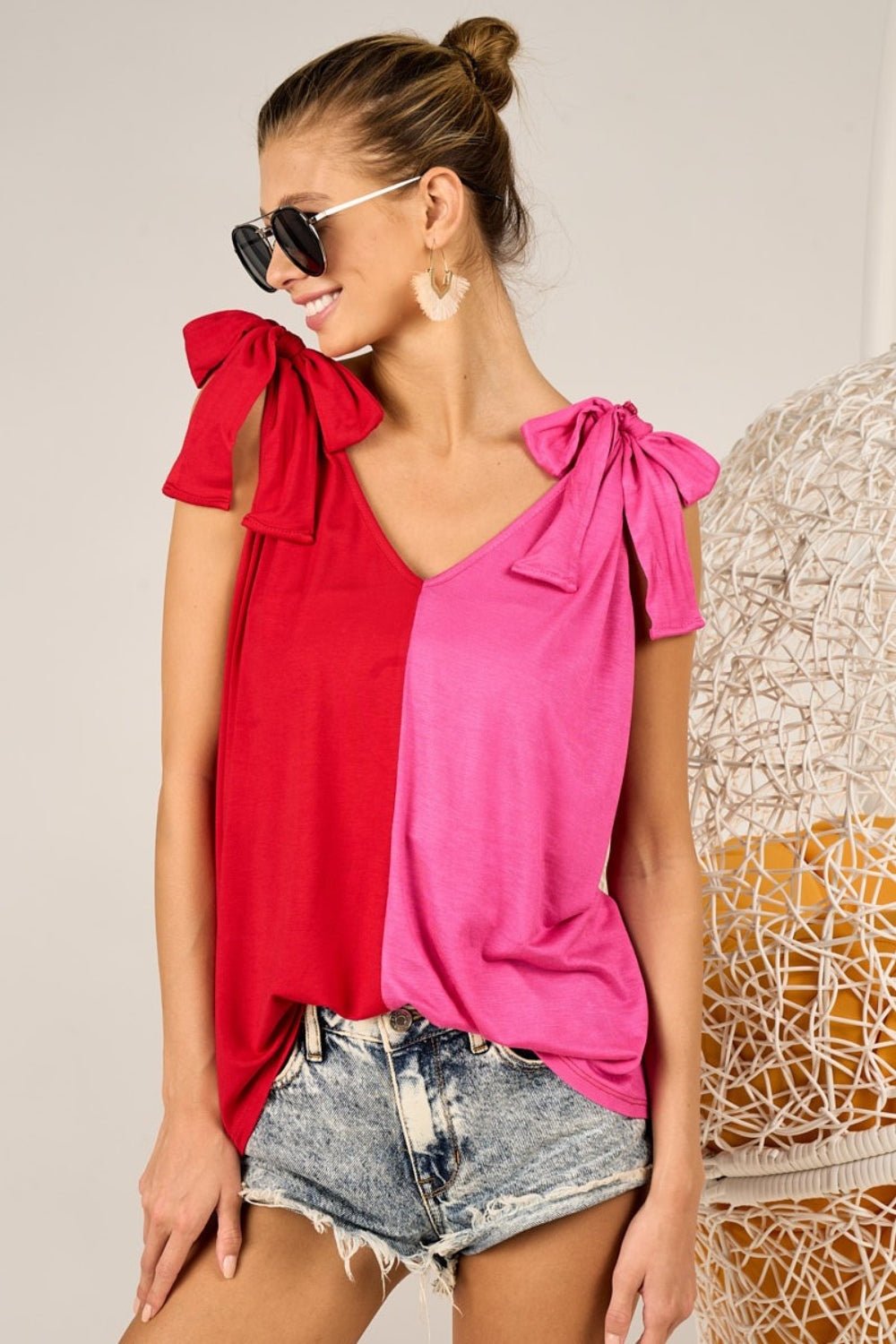 BiBi Shoulder Ribbon Tied Contrast Tank - Mythical Kitty Boutique