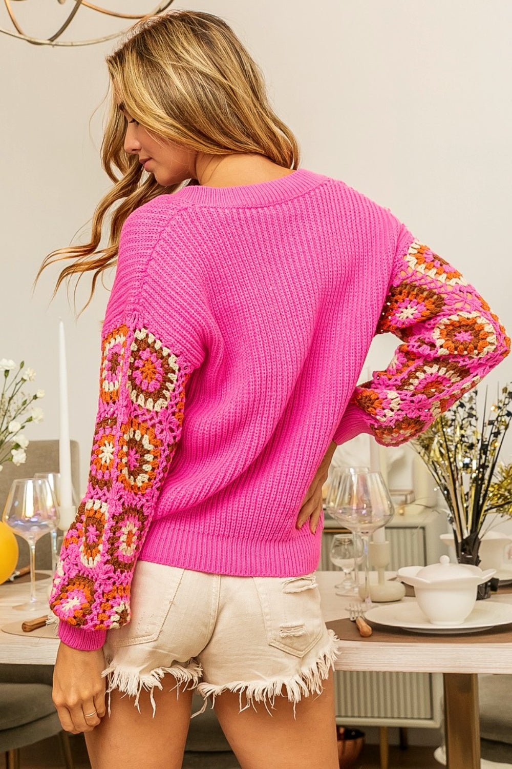 BiBi V-Neck Crochet Long Sleeve Sweater - Mythical Kitty Boutique