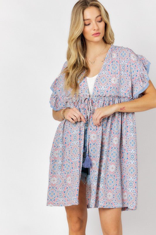 Printed Short Sleeve Ruffle Kimono - Mythical Kitty Boutique