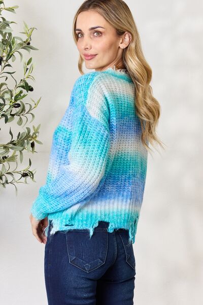 Aqua Tie Dye Frayed Hem Sweater - Mythical Kitty Boutique