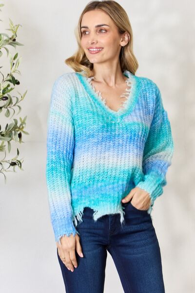 Aqua Tie Dye Frayed Hem Sweater - Mythical Kitty Boutique