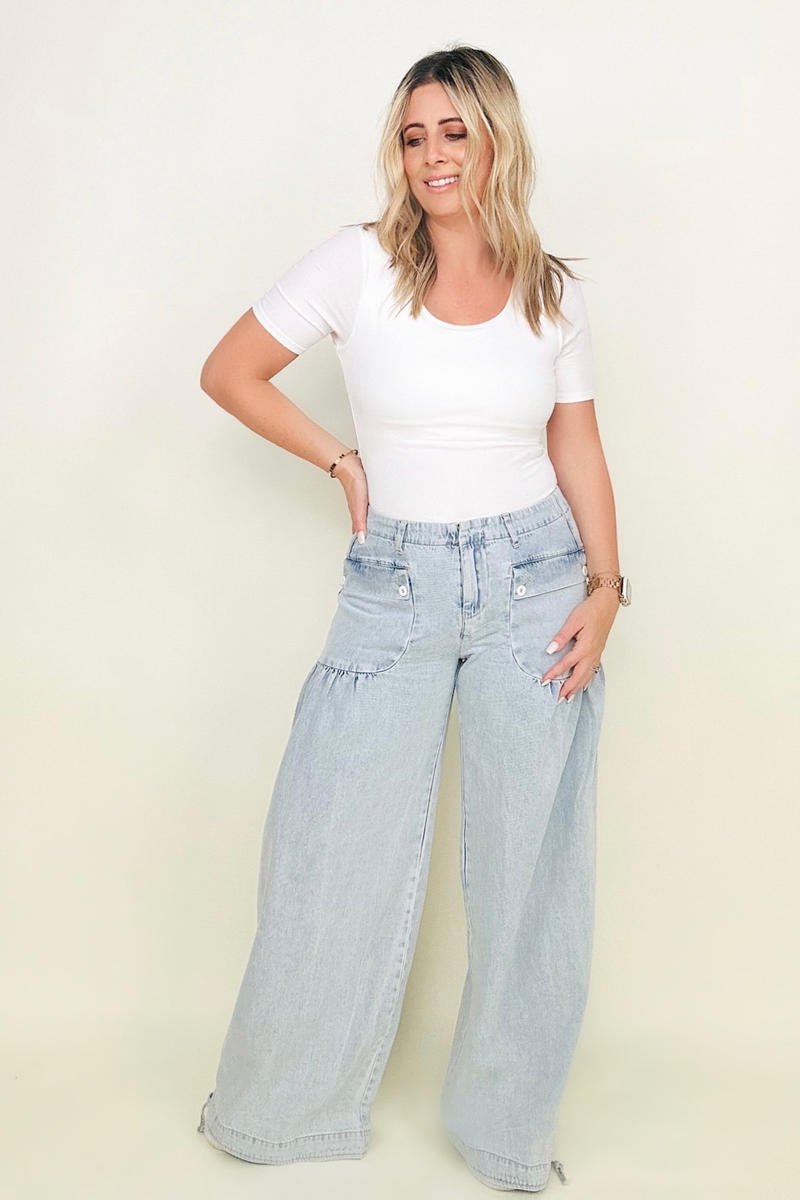 BiBi Washed Denim Wide Leg Pants With Tie Hem Detail - Mythical Kitty Boutique