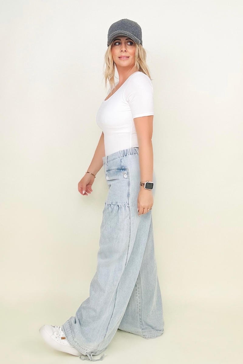 BiBi Washed Denim Wide Leg Pants With Tie Hem Detail - Mythical Kitty Boutique