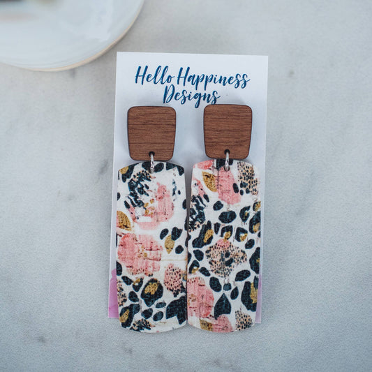 Blush Leopard Floral Cork Leather Wood Accent Bar Dangles - Mythical Kitty Boutique