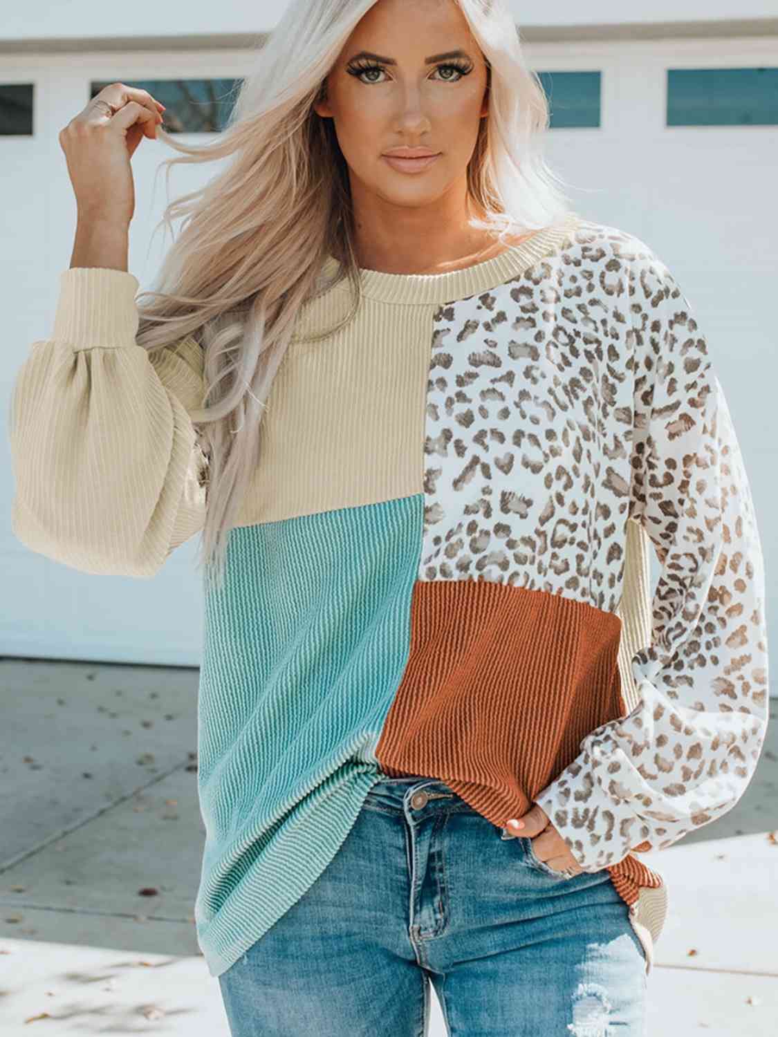 Color Block Leopard Round Neck Sweatshirt - Mythical Kitty Boutique