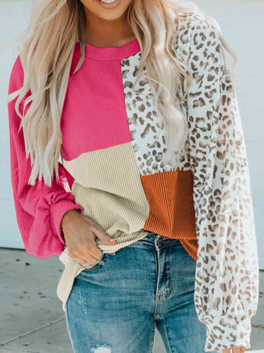 Color Block Leopard Round Neck Sweatshirt - Mythical Kitty Boutique
