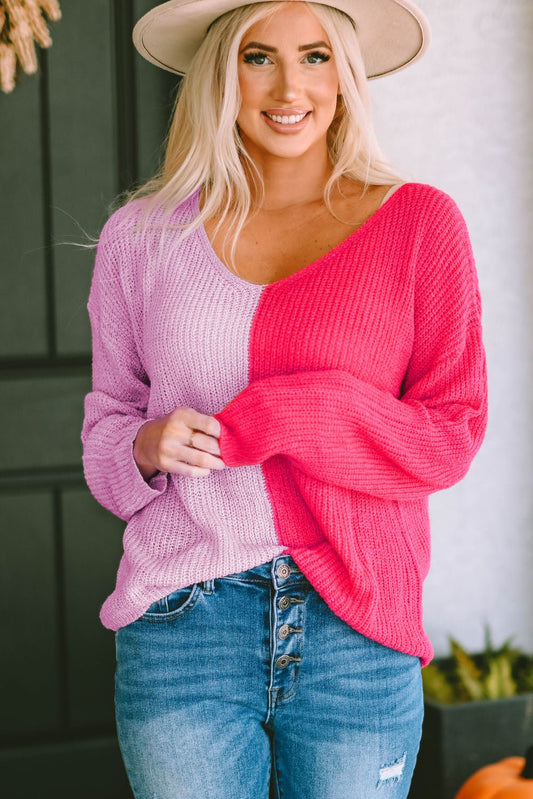 Contrast Color V-Neck Long Sleeve Pullover Sweater - Mythical Kitty Boutique