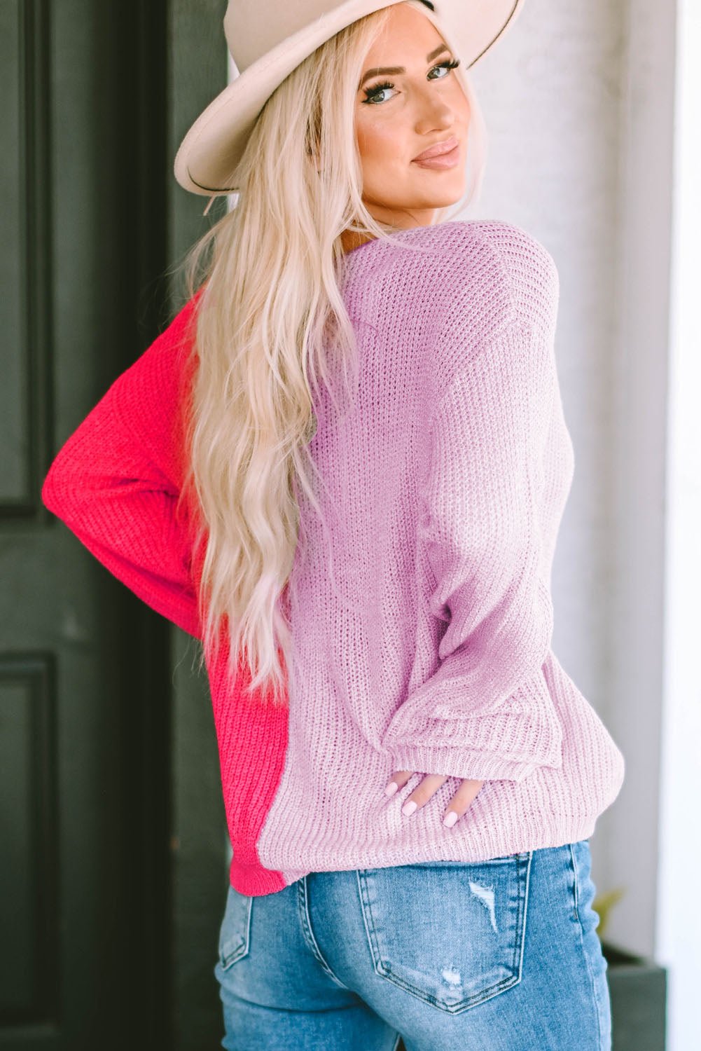 Contrast Color V-Neck Long Sleeve Pullover Sweater - Mythical Kitty Boutique