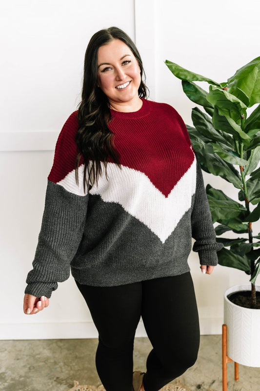 Cozy Knit Sweater In Burgundy White & Grey Chevron - Mythical Kitty Boutique