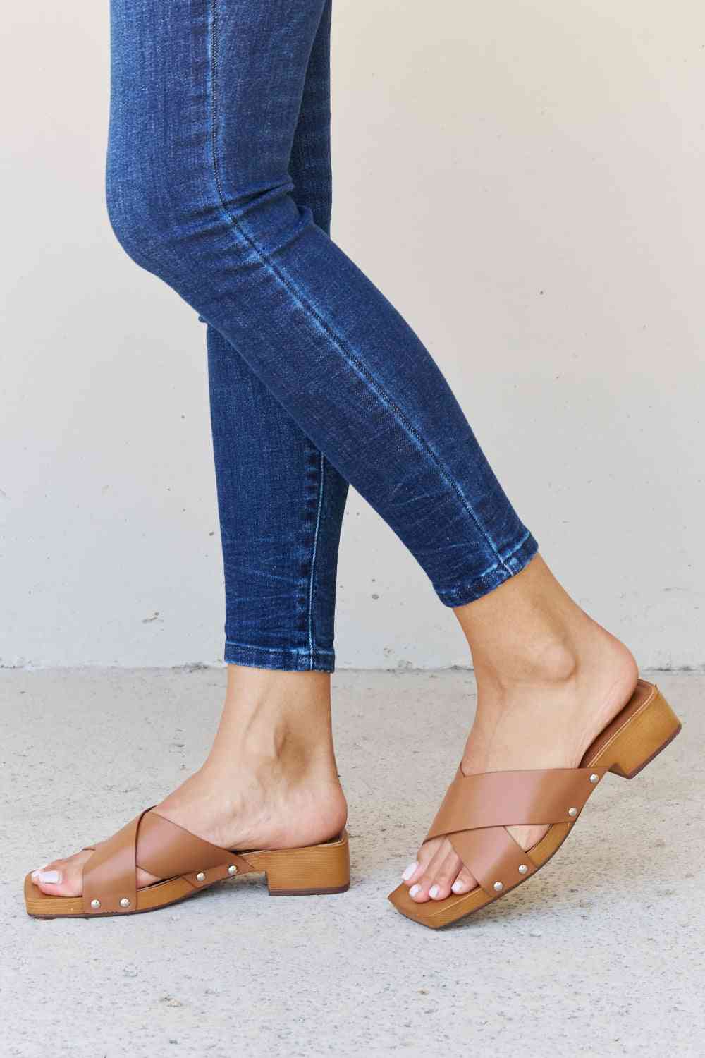 Criss Cross Wooden Clog Mule in Brown - Mythical Kitty Boutique