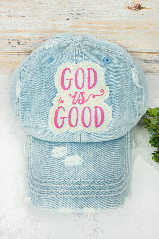 Distressed Light Denim 'God is Good' Cap - Mythical Kitty Boutique