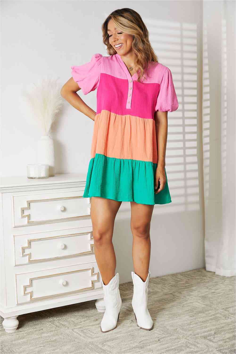 Double Take Color Block Buttoned Puff Sleeve Dress - Mythical Kitty Boutique