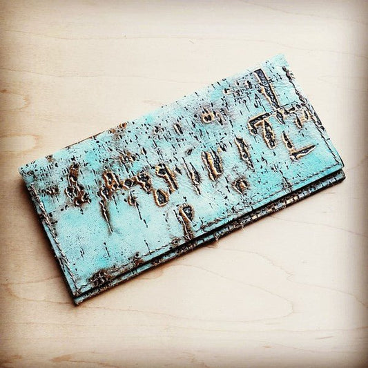 Embossed Leather Wallet-Turquoise Metallic - Mythical Kitty Boutique