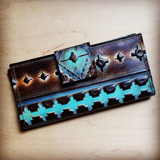 Embossed Wallet in Blue Navajo with Snap - Mythical Kitty Boutique