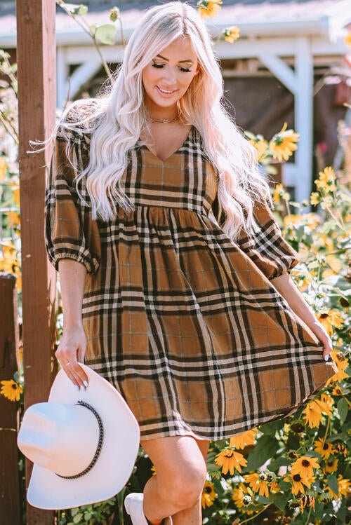 Everly Plaid Balloon Sleeve Dress - Mythical Kitty Boutique