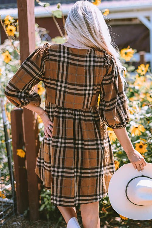 Everly Plaid Balloon Sleeve Dress - Mythical Kitty Boutique