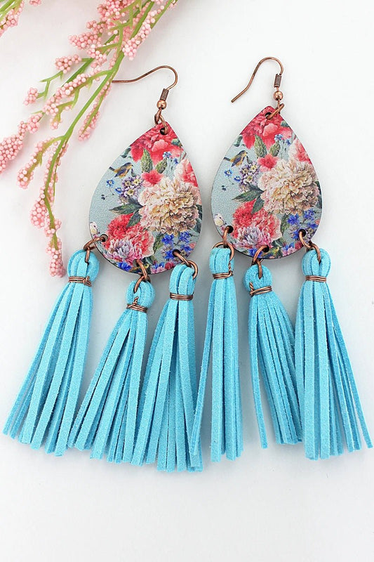 Flower Print Wooden Tear Drop Fringe Earrings - Mythical Kitty Boutique