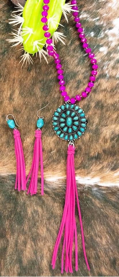 Fuchsia Sarana Concho Tassel Beaded Necklace and Earring Set - Mythical Kitty Boutique