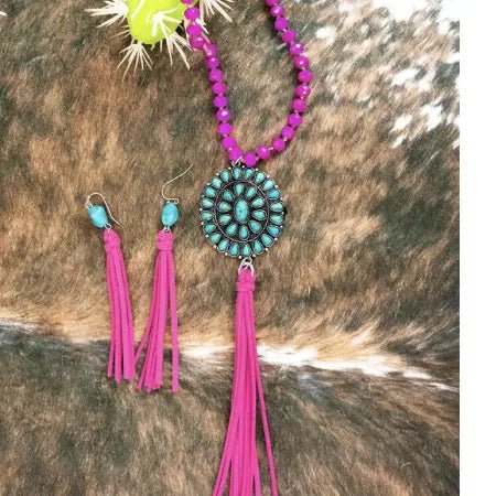 Fuchsia Sarana Concho Tassel Beaded Necklace and Earrings - Mythical Kitty Boutique