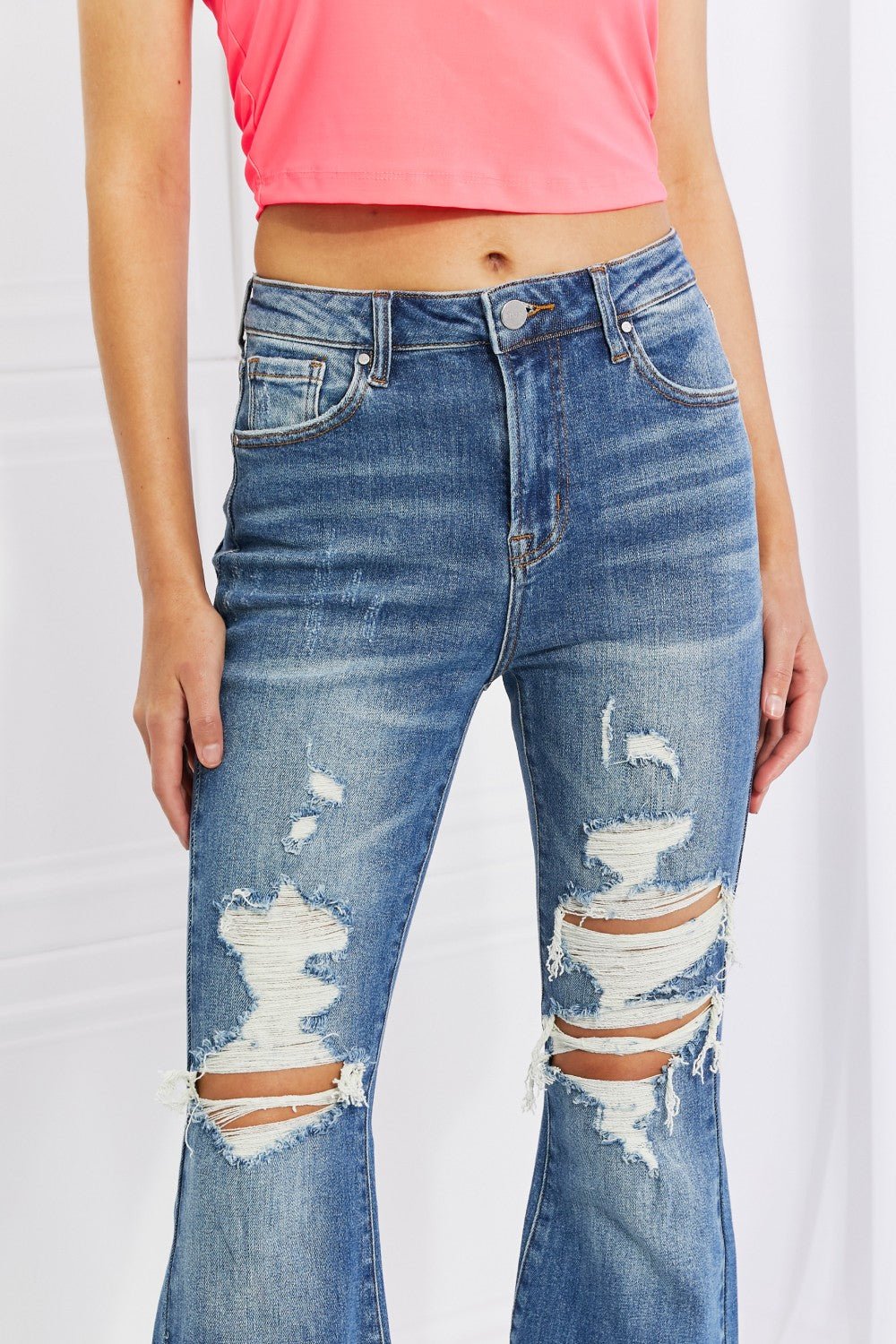 Hazel High Rise Distressed Flare Jeans - Mythical Kitty Boutique