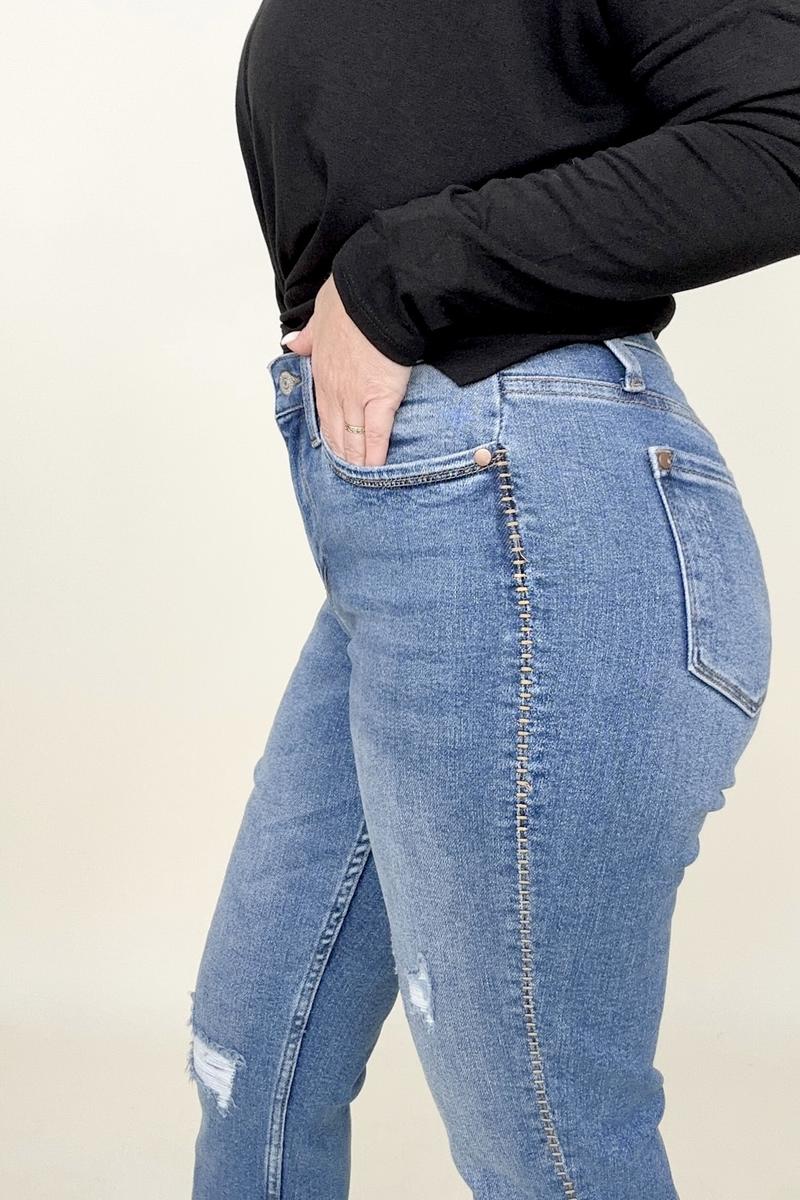 Judy Blue Embroidered Boyfriend Jeans with Side Seam Stitch - Mythical Kitty Boutique