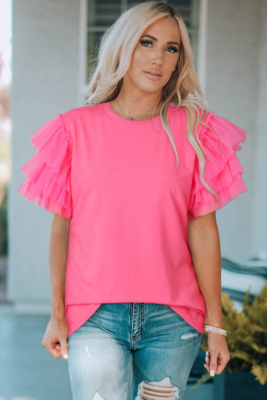 Layered Mesh Sleeve Round Neck Tee - Mythical Kitty Boutique