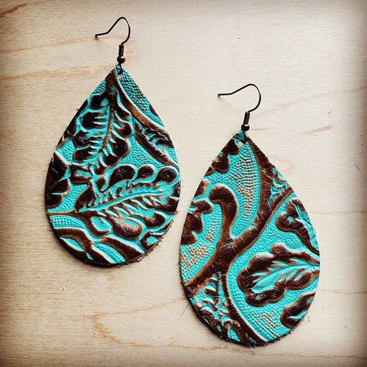 Leather Teardrop Earring in Cowboy Turquoise - Mythical Kitty Boutique