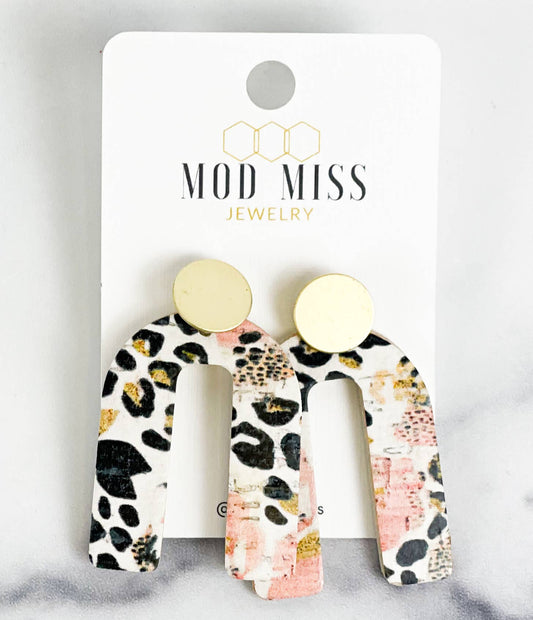 Leopard Pansy Cork Leather Arch Earrings - Mythical Kitty Boutique