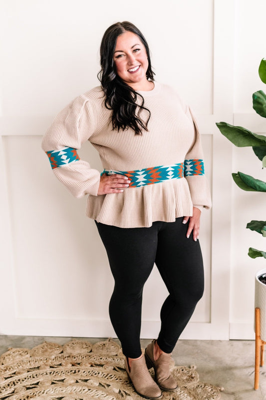 Long Sleeve Peplum Knit Sweater In Southwest Aztec - Mythical Kitty Boutique