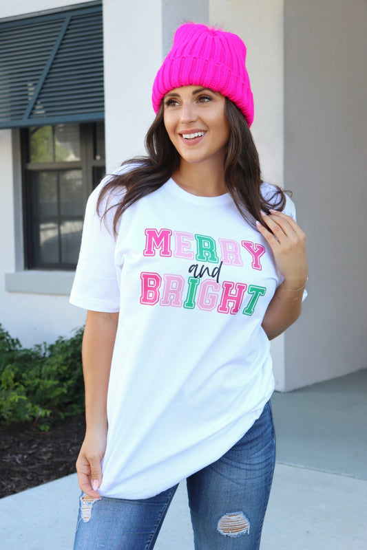 MERRY & BRIGHT PINK TEE (BELLA CANVAS) - Mythical Kitty Boutique