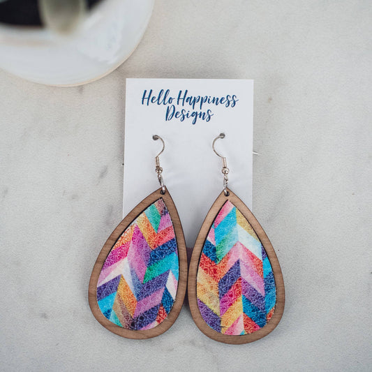 Multicolor Herringbone Leather & Wood Inlay Teardrop Dangles - Mythical Kitty Boutique