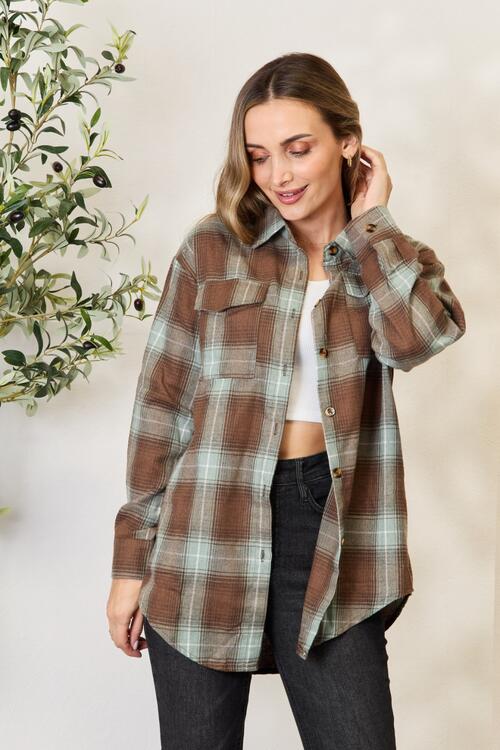 Olive Brown Plaid Dropped Shoulder Shirt - Mythical Kitty Boutique
