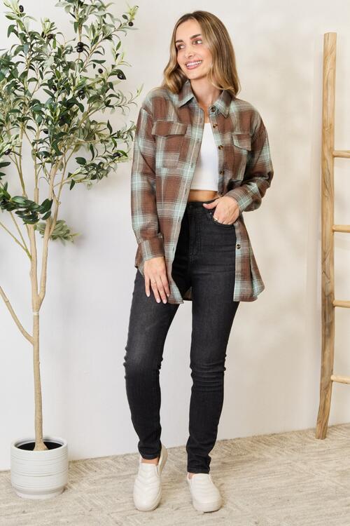Olive Brown Plaid Dropped Shoulder Shirt - Mythical Kitty Boutique