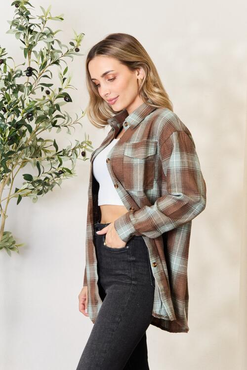 Olive Brown Plaid Dropped Shoulder Shirt - Mythical Kitty Boutique