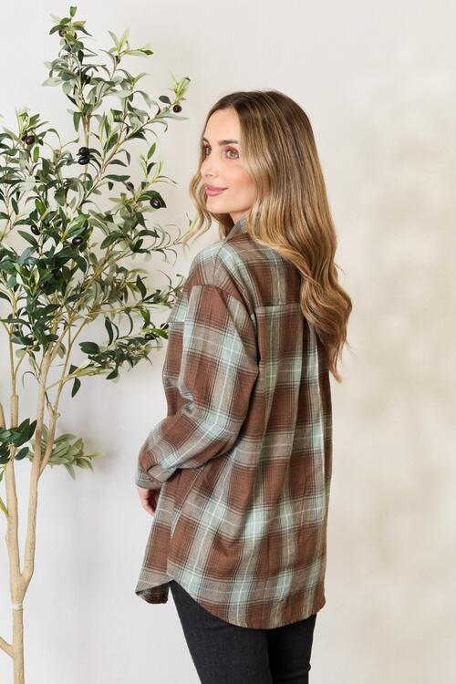 Olive Brown Plaid Dropped Shoulder Shirt - Mythical Kitty Boutique