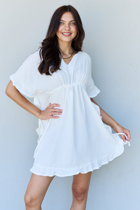 Out Of Time Ruffle Hem Dress with Drawstring Waistband in White - Mythical Kitty Boutique