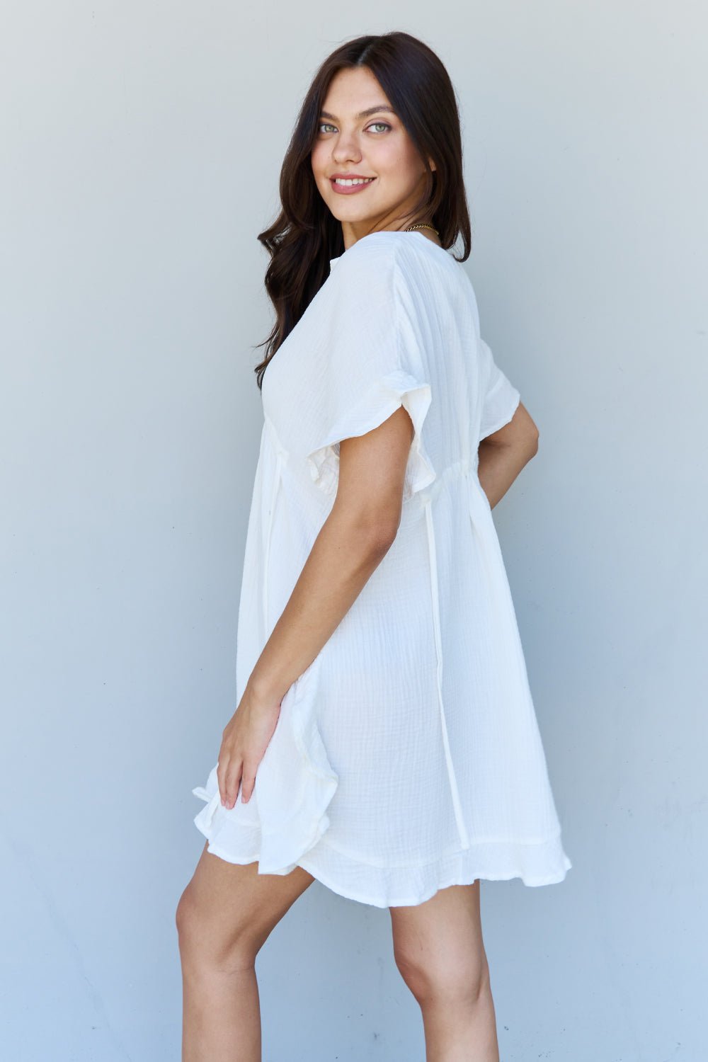 Out Of Time Ruffle Hem Dress with Drawstring Waistband in White - Mythical Kitty Boutique