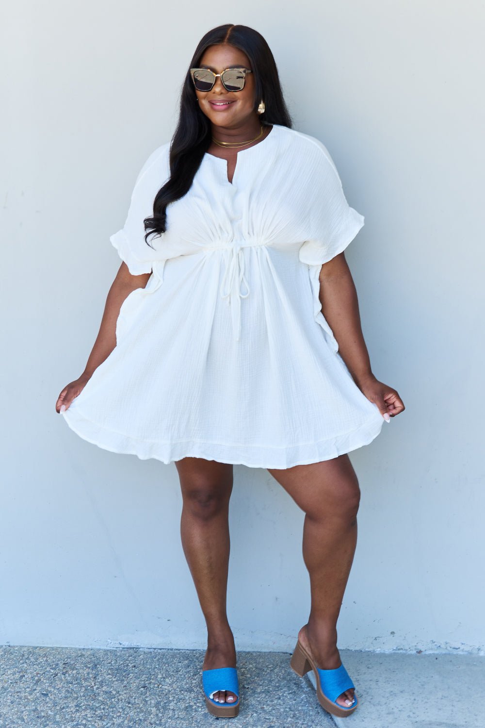 Out Of Time Ruffle Hem Dress with Drawstring Waistband in White - Mythical Kitty Boutique